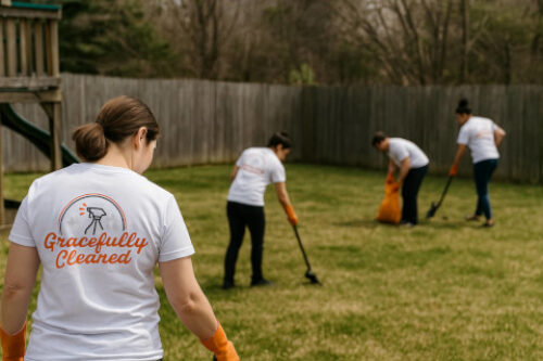 team of four cleaning up poop in a fairfield county yard