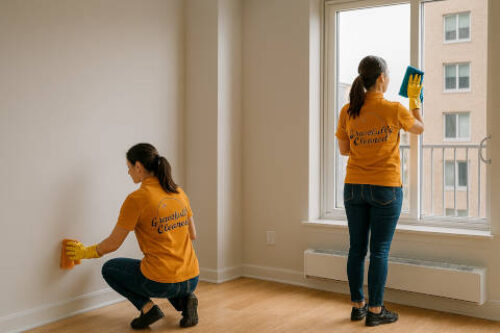 two women from gracefully cleaned wiping down windows in an empty apartment